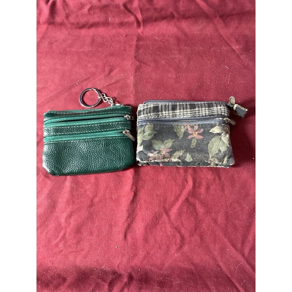 623- Ladies Lot Of 2 Small Zip Coin Purses/Bags Hunter Green & Floral Print